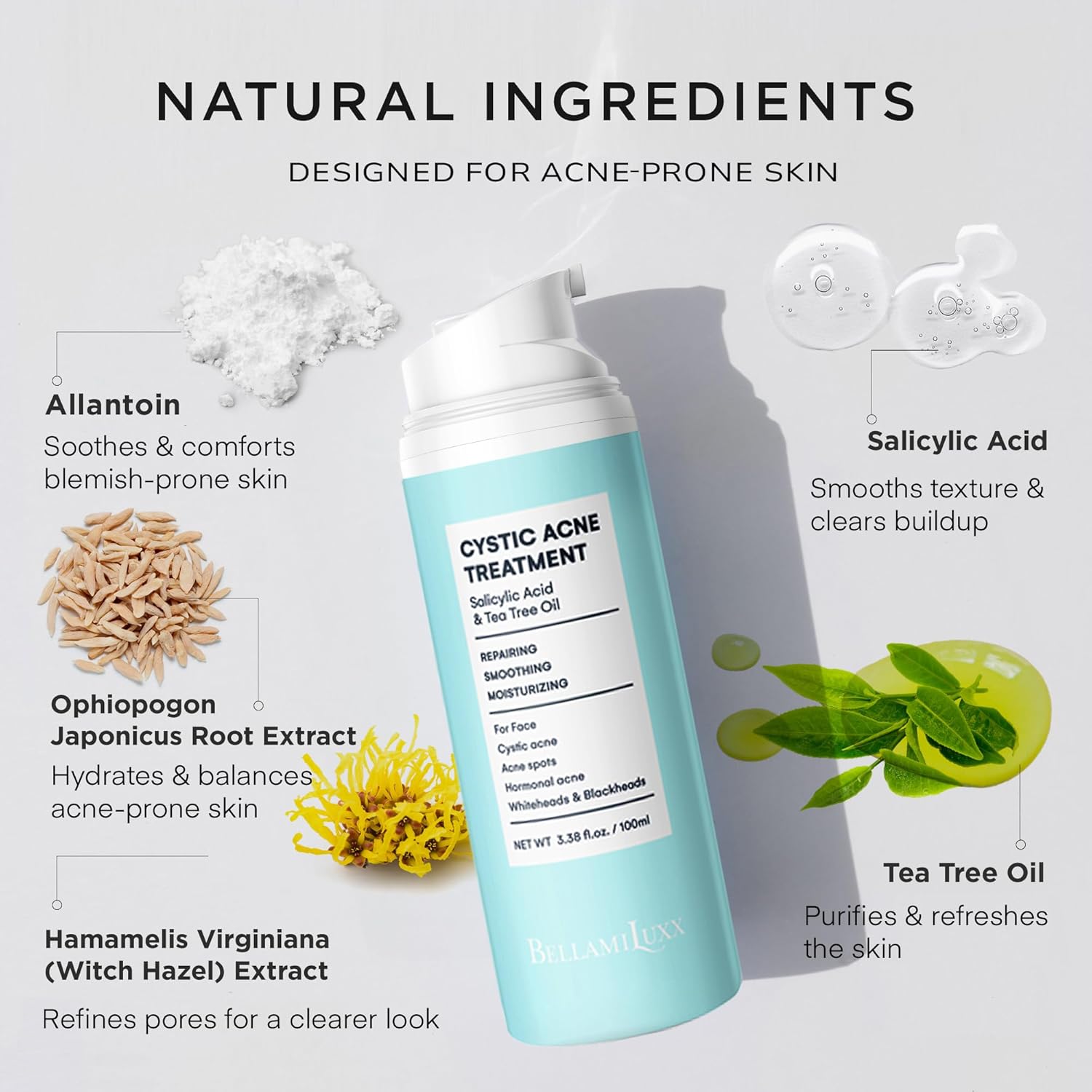 Cystic Acne Treatment for Face: Hormonal Acne Treatment Cream for Teens & Adults - Salicylic Acid & Tea Tree Oil Pimple Spot Remover - Anti-Acne Moisturizer Reduces Redness, Blemishes