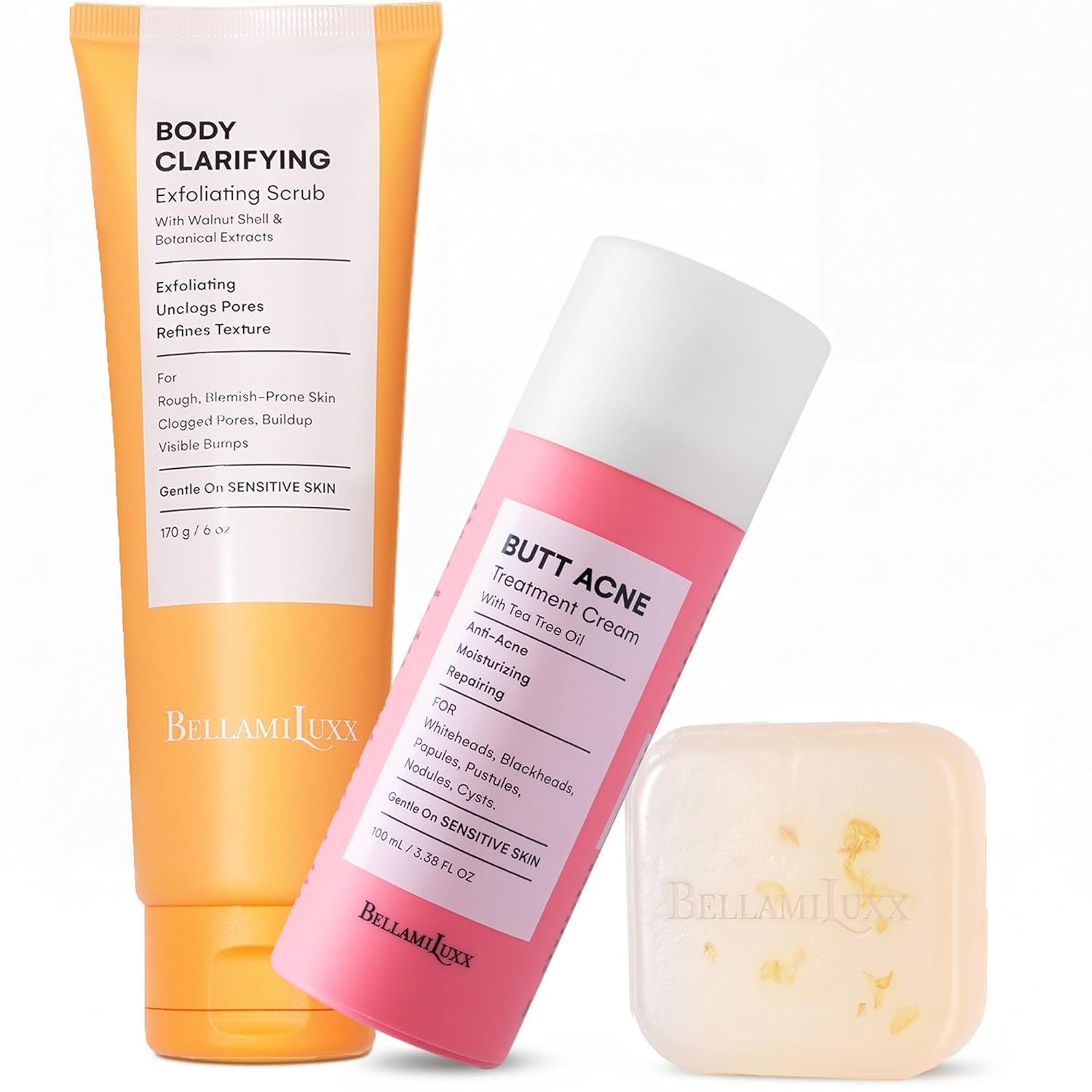 Butt Acne Clearing Set: Butt Acne Lotion + Acne Soap + Body Acne Scrub for Breakouts on Butt, Thighs, Back & Chest, KP Bumps, Clogged Pores & Rough Buttocks – Exfoliate, Cleanse & Smooth
