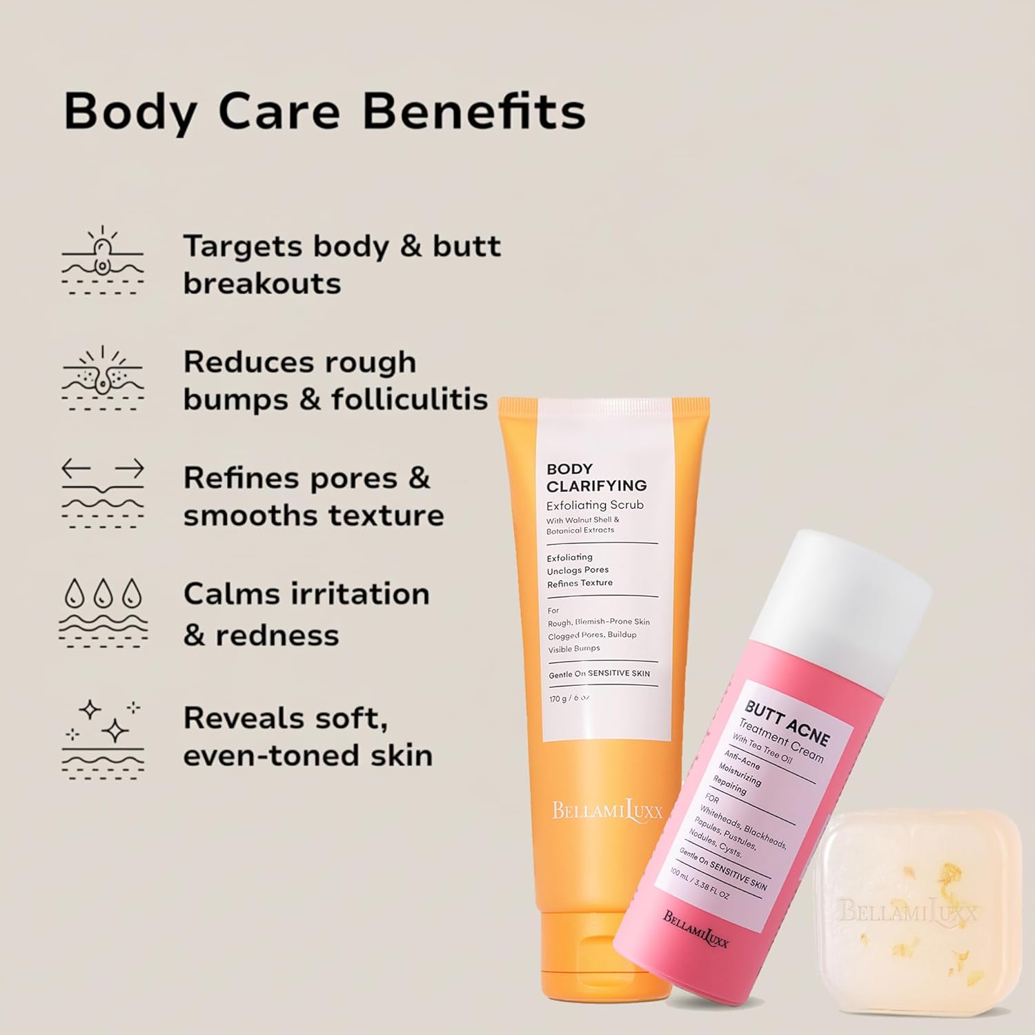 Butt Acne Clearing Set: Butt Acne Lotion + Acne Soap + Body Acne Scrub for Breakouts on Butt, Thighs, Back & Chest, KP Bumps, Clogged Pores & Rough Buttocks – Exfoliate, Cleanse & Smooth