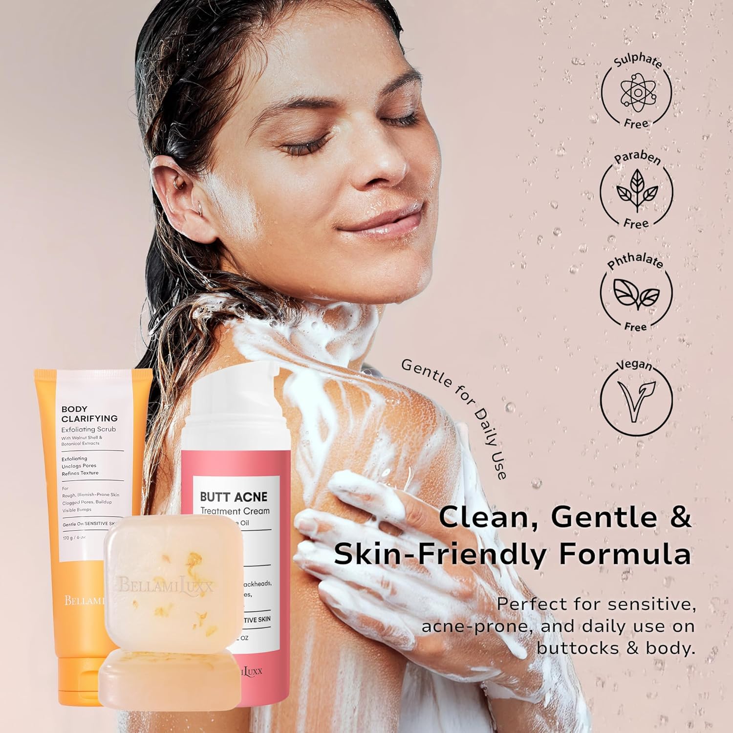 Butt Acne Clearing Set: Butt Acne Lotion + Acne Soap + Body Acne Scrub for Breakouts on Butt, Thighs, Back & Chest, KP Bumps, Clogged Pores & Rough Buttocks – Exfoliate, Cleanse & Smooth